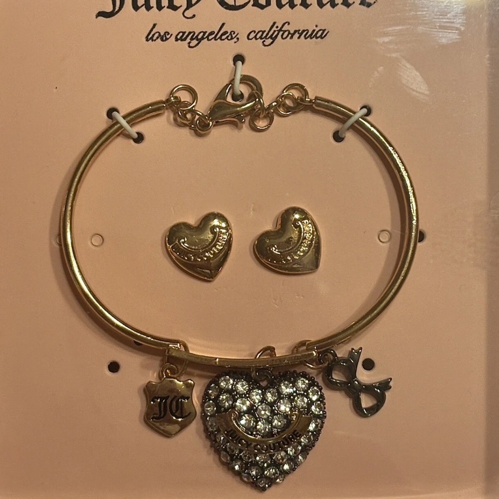 Juicy Couture Gold Heart Bracelet with Charms and Heart Earrings Set New